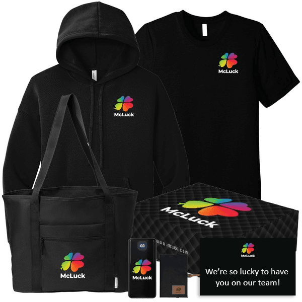 Cohort-style branded onboarding kit with apparel, tote, power bank, and welcome card