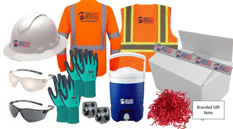 20/20 Plumbing & Heating new hire field kit with branded hi-vis vest, hard hat, safety glasses, work gloves, branded water cooler, gift box and welcome note