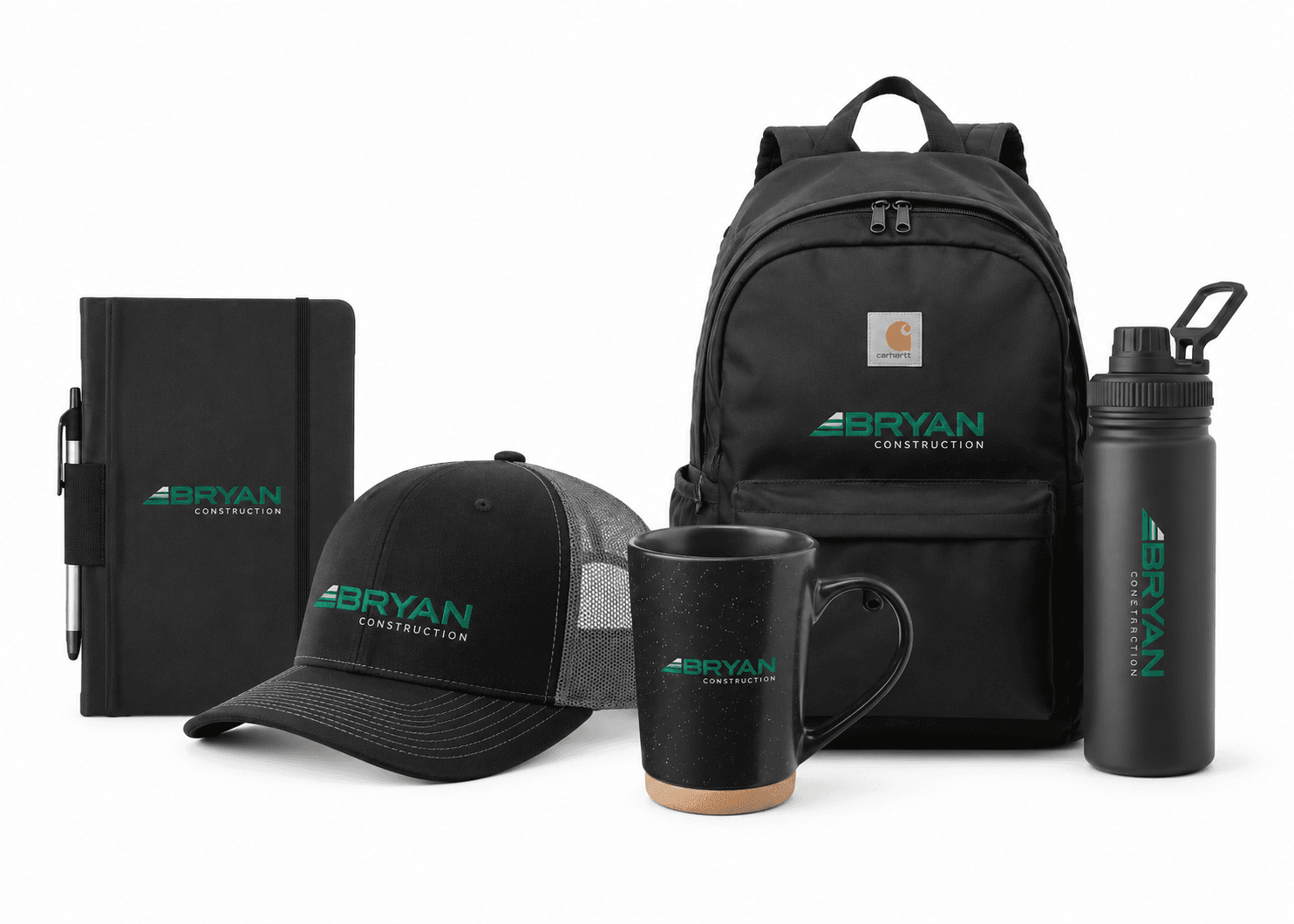 Bryan Construction branded onboarding kit with Carhartt-style backpack, hat, journal, tumbler, and mug