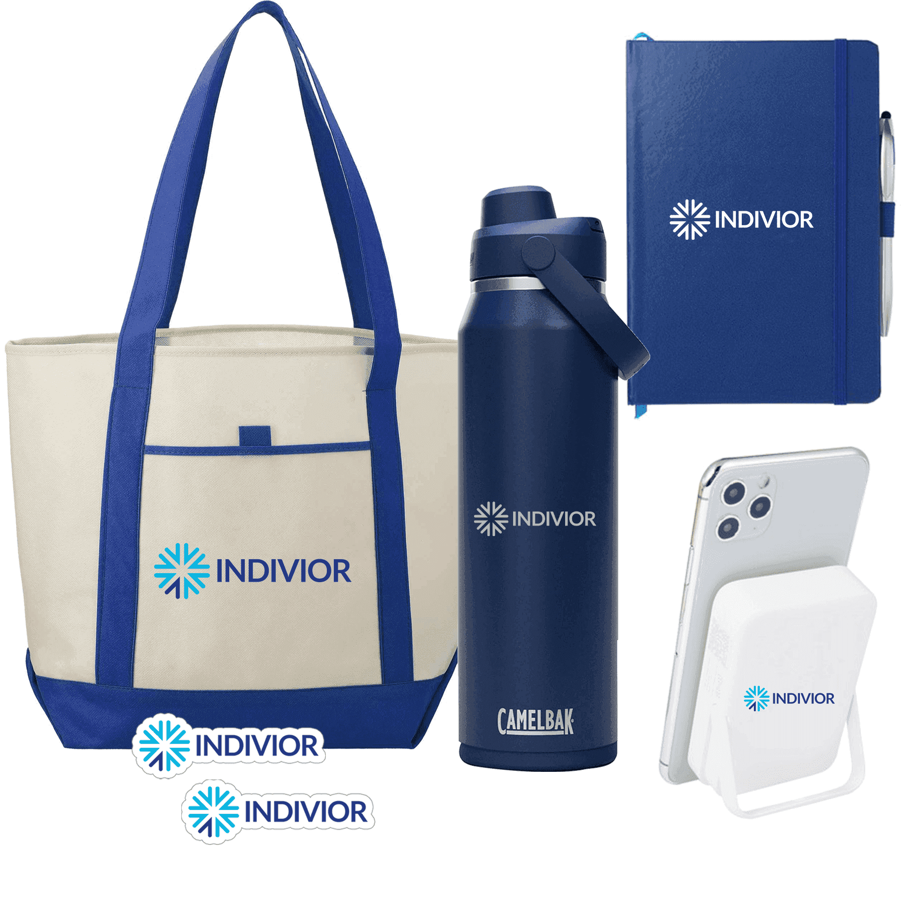 Indivior branded new-hire welcome kit with tote, Camelbak bottle, journal, power bank, and brand stickers