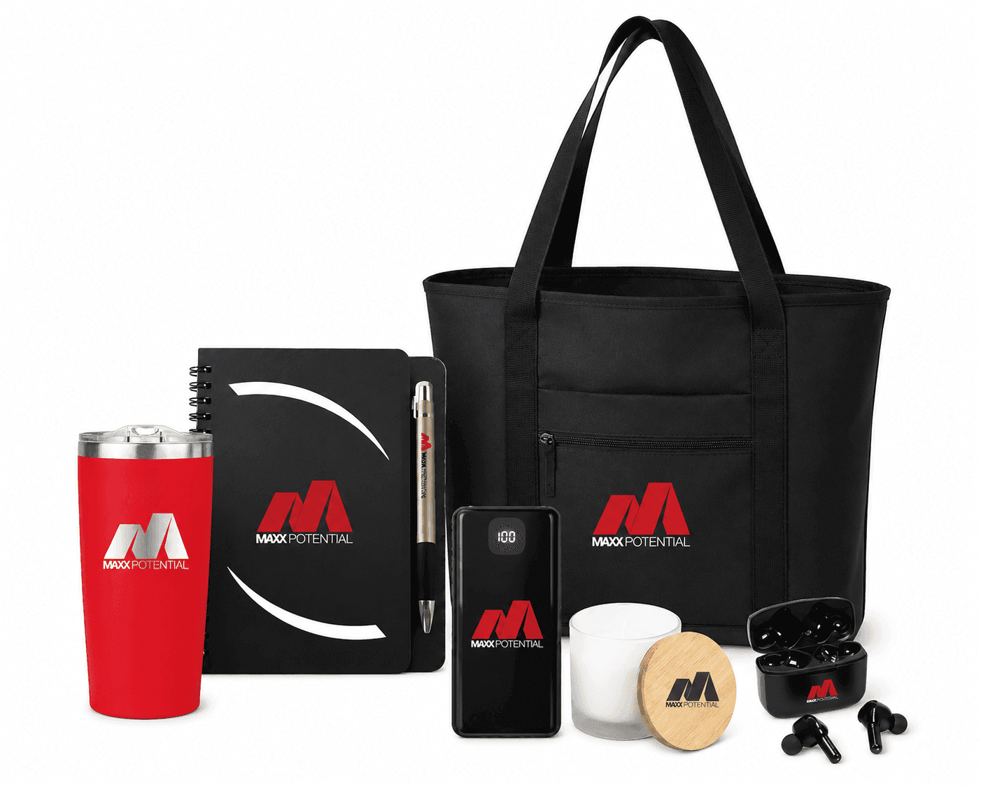 Maxx Potential bold red and black onboarding kit with tote, tumbler, journal, earbuds, and power bank