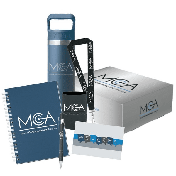 Mobile Communications America branded onboarding kit with journal, tumbler, lanyard, branded box, and welcome card